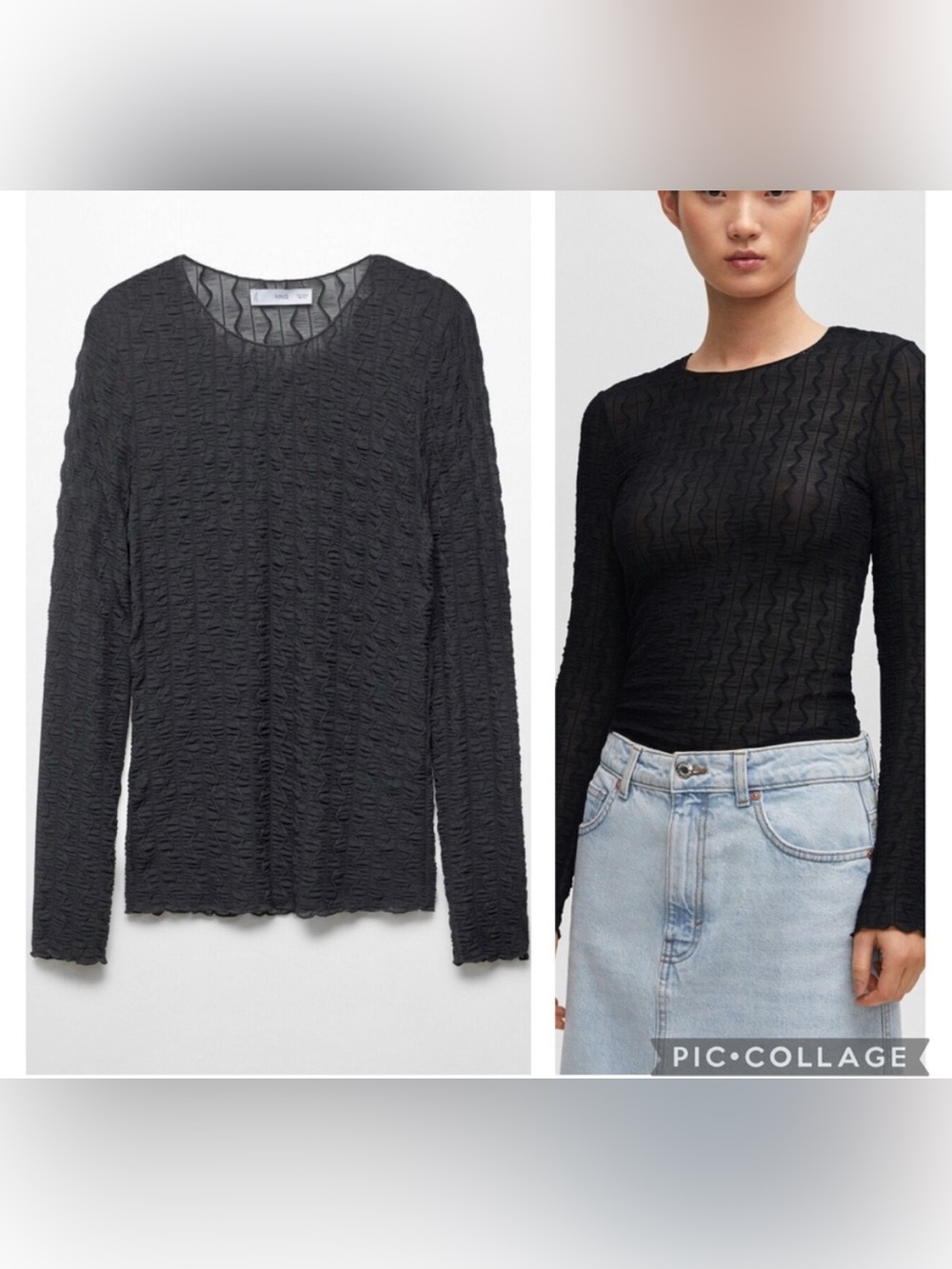 Mango MNG Black Sheer Long Sleeve Top